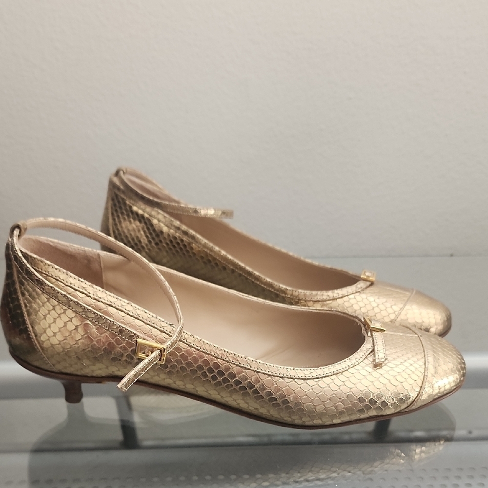 Kate Spade Gold Snakeskin Textured Mary Jane Ballet Flats Low Heel Classic Chic